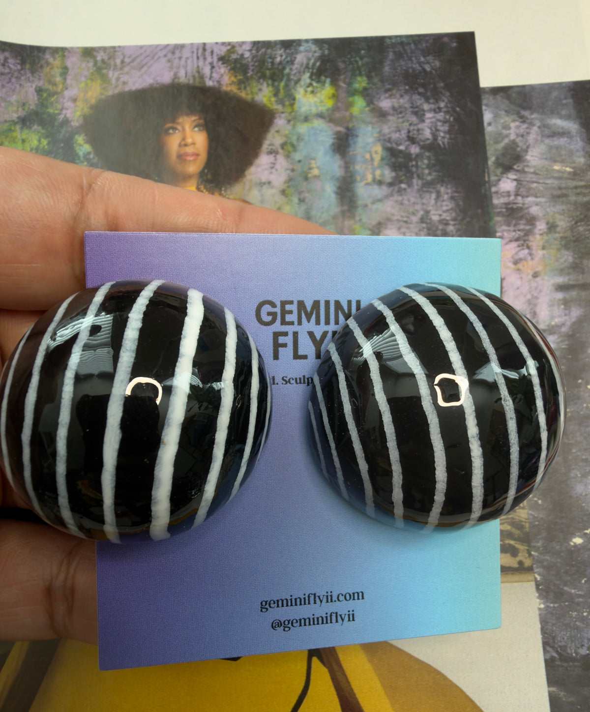 Thandi Black & White Striped Dome Earrings | Hand-Painted Ear Bobs