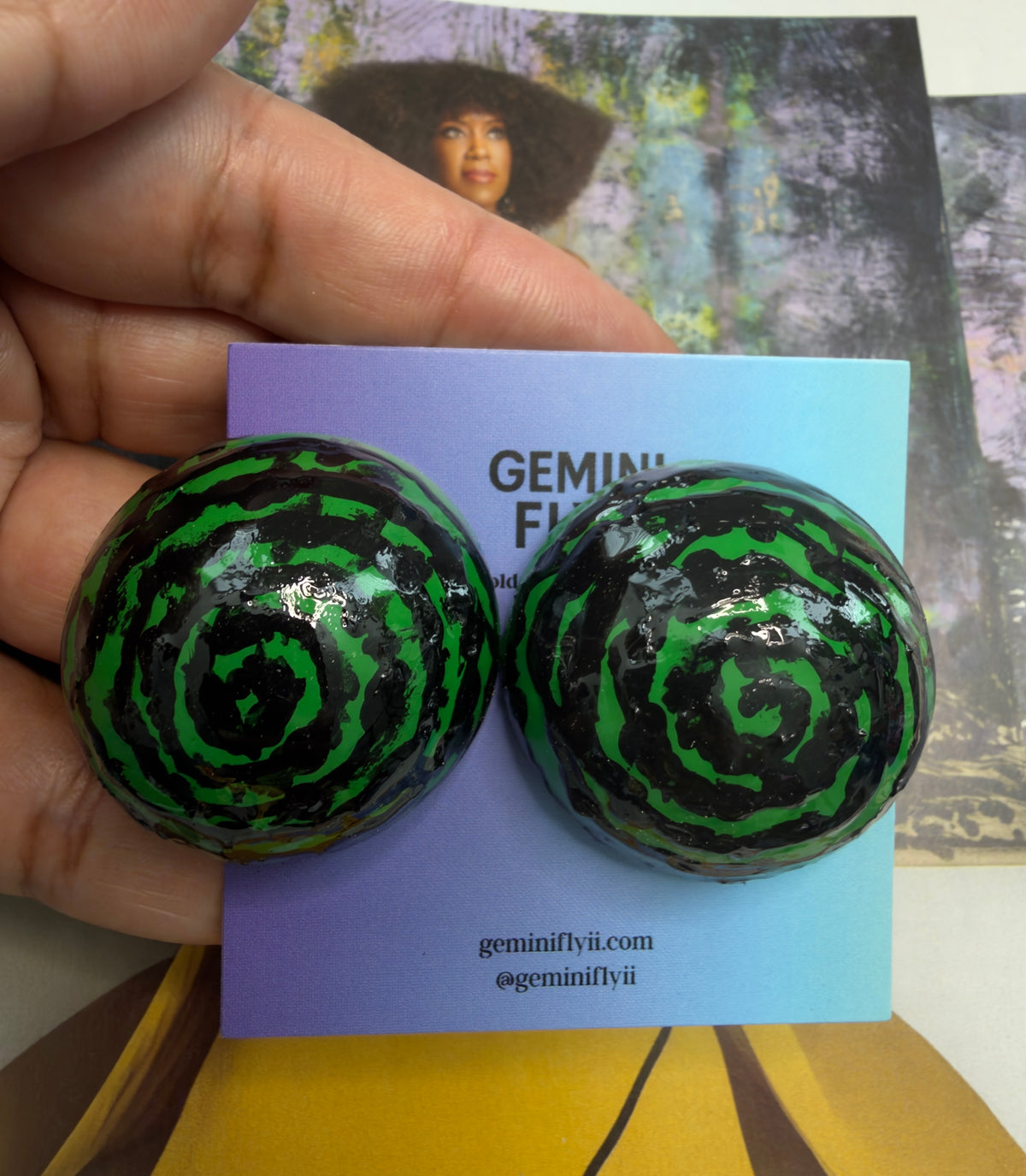 Kesi Green Spiral Dome Earrings | Hand-Painted Retro Ear Bobs