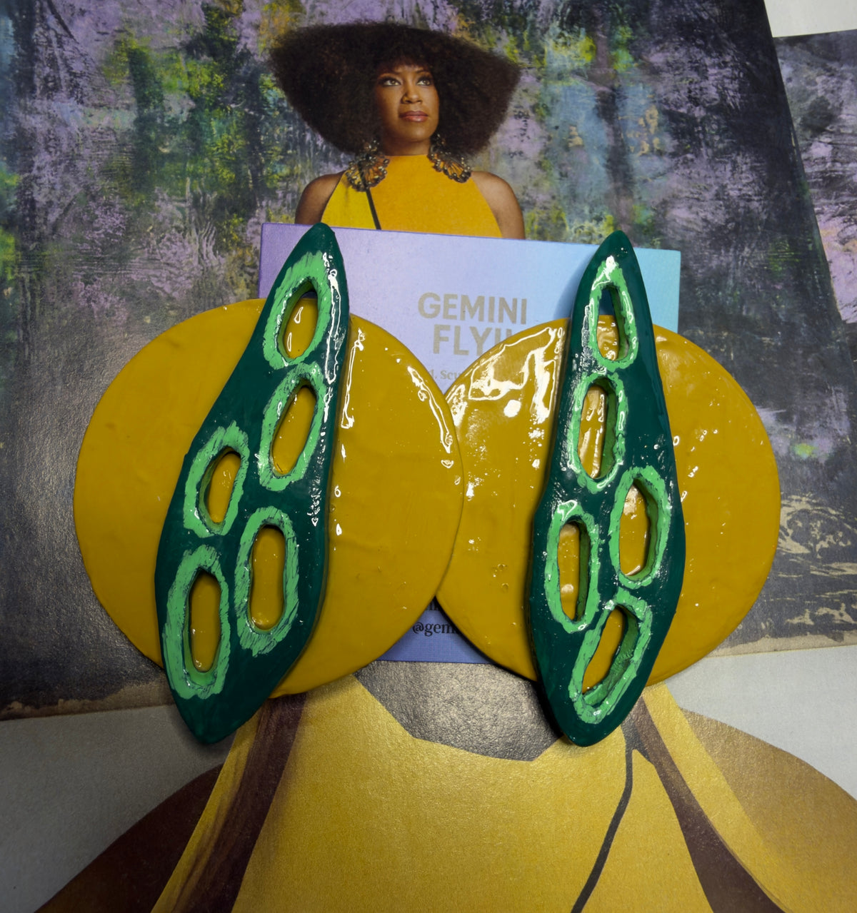 Imani Mustard & Green Statement Earrings | Hand-Painted Clay