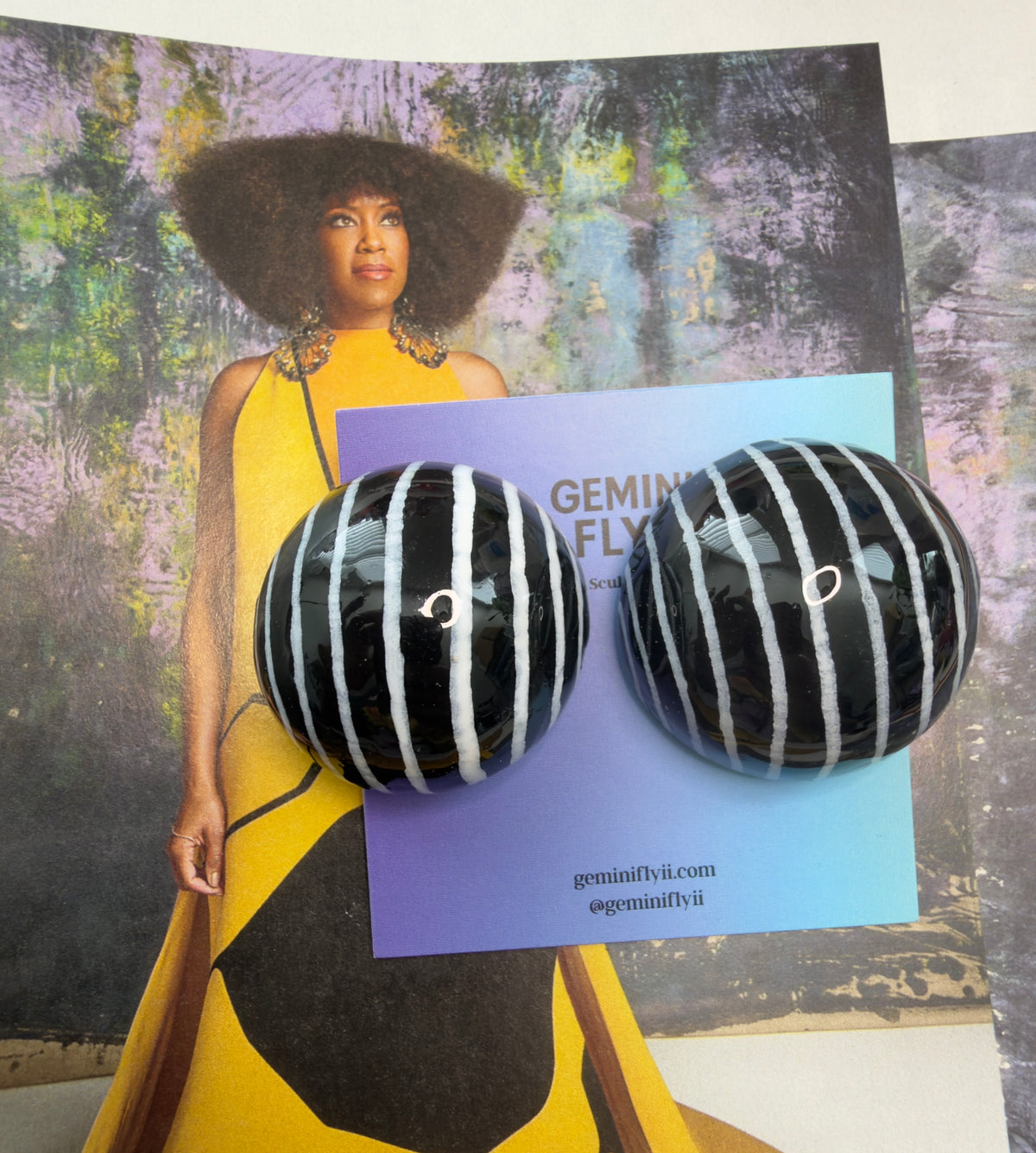 Thandi Black & White Striped Dome Earrings | Hand-Painted Ear Bobs