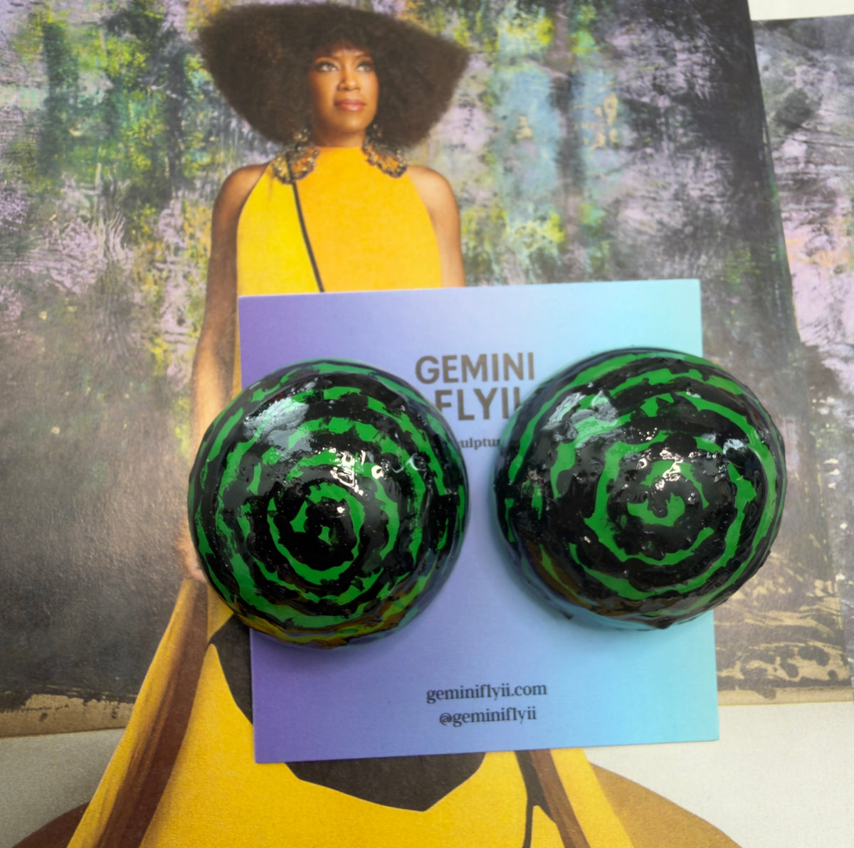 Kesi Green Spiral Dome Earrings | Hand-Painted Retro Ear Bobs